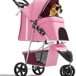 3-Wheel Pet Stroller, Foldable Travel Jogger for Small & Medium Dogs & Cats (Up to 33lbs), Lightweight Carrier with Breathable Mesh Cover, Cup Holder & Storage Basket, Pink