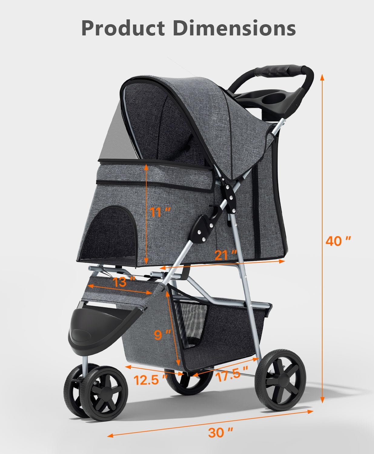 Pet Stroller with 3 Wheels for Small/Medium Pets, Portable Travel Foldable Carrier Jogger for Dog Cat P, Rear Wheel Breaks, Storage Basket, Visible Mesh with Weather Cover (Gray) - Image 2