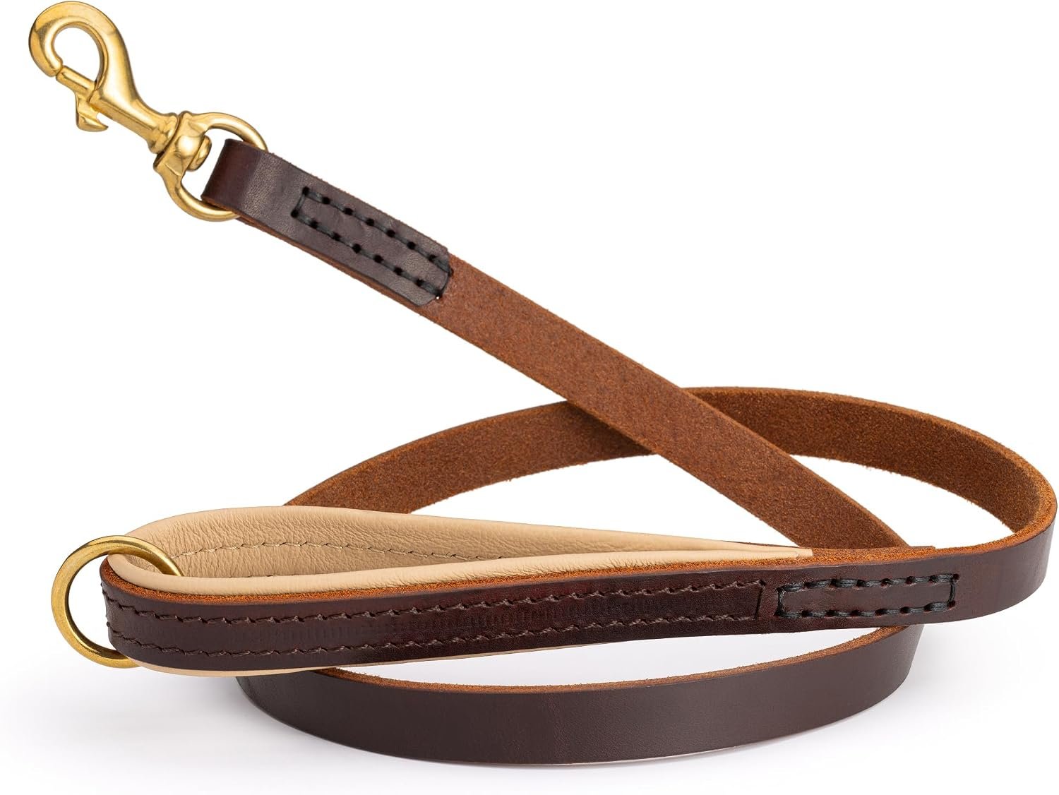 Full-Grain Leather Dog Leash (Padded Handle, Brass Snap Hook)