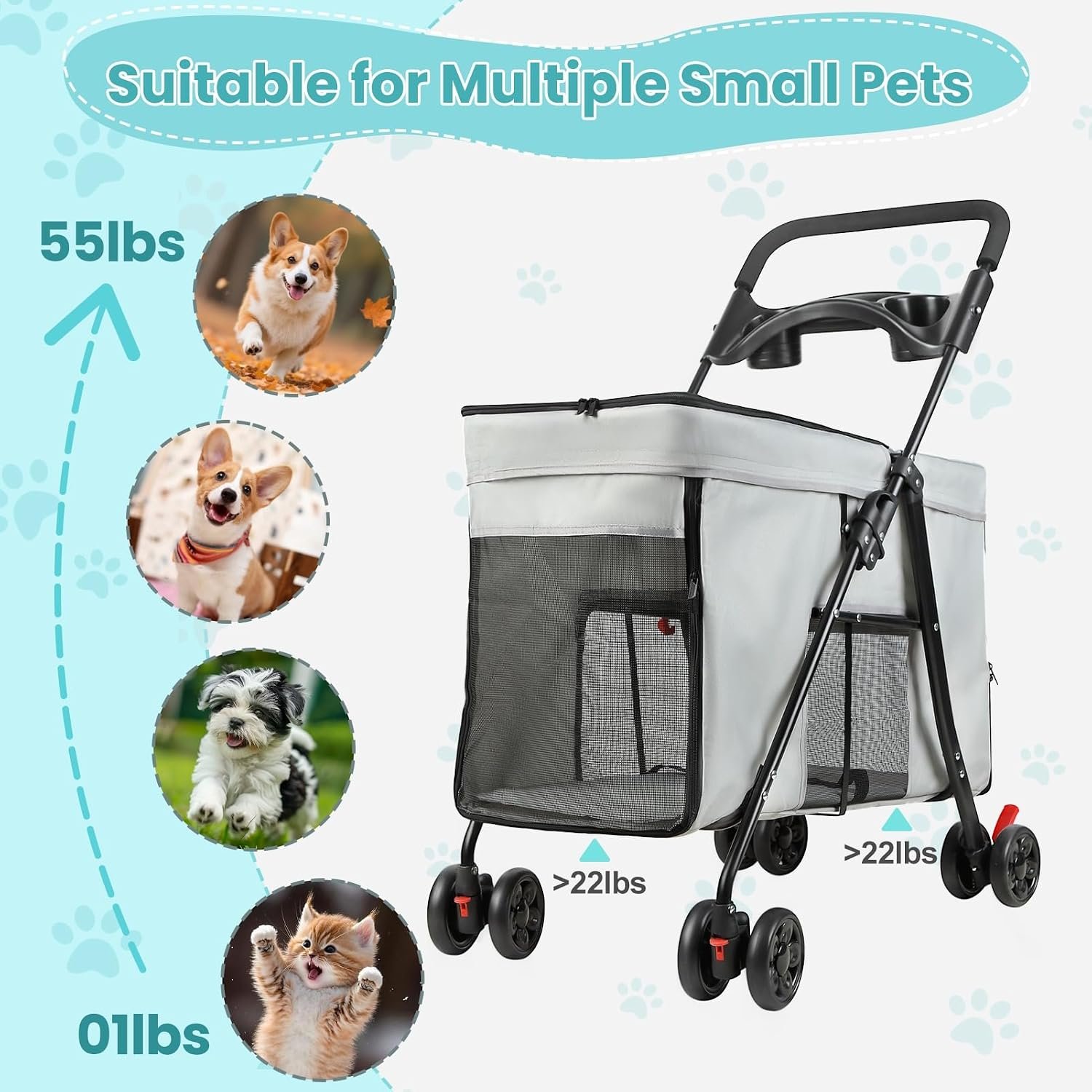 4 Wheels Pet Stroller for Small Medium Dogs Cats One Button Fold, Adjustable Mesh Windows and Shades, 360° Swivel Front Wheels and Rear Wheel Brake - Image 2