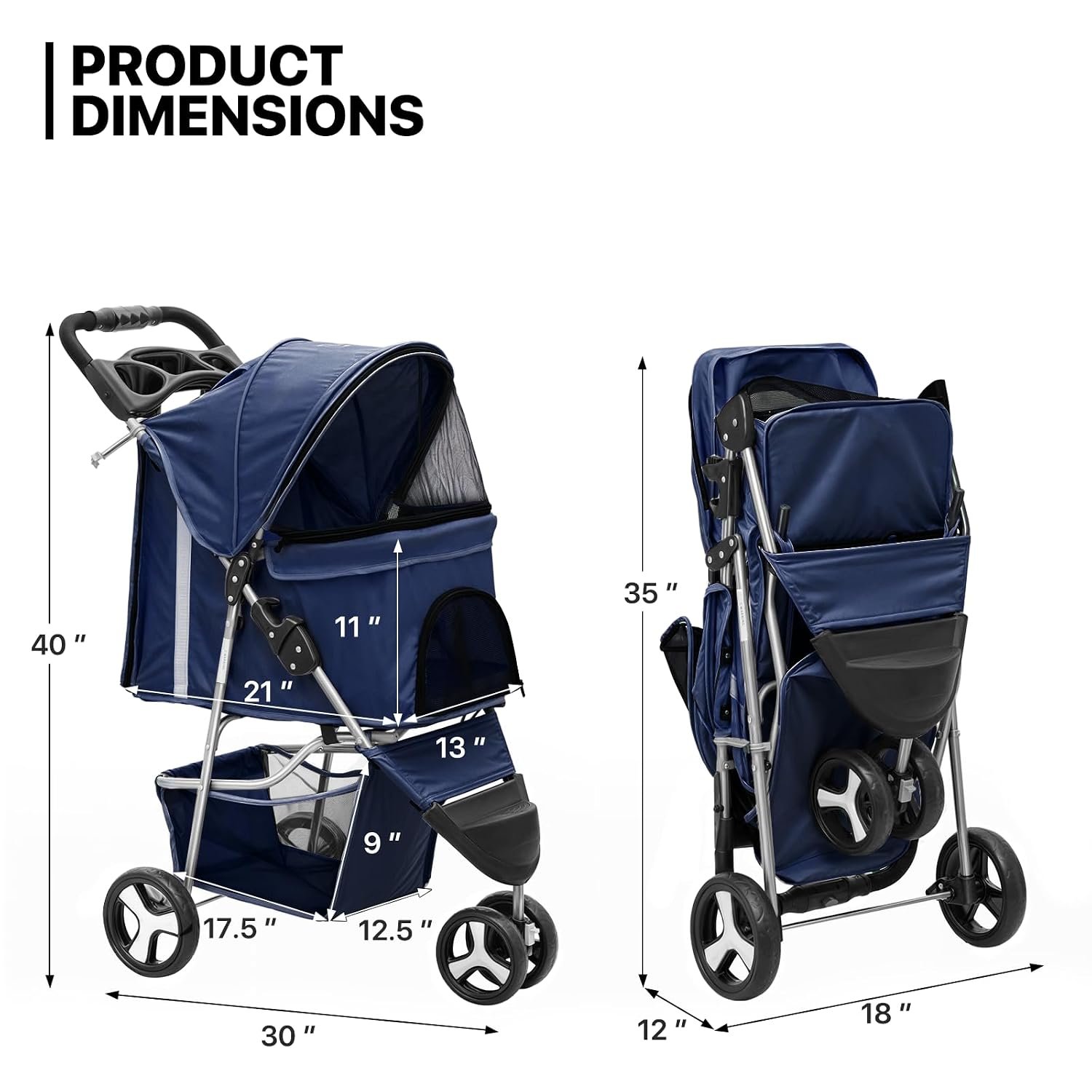 3 Wheels Pet Stroller, Foldable Dog Cat Cage Jogger Stroller with Weather Cover for All-Season, Storage Basket and Cup Holder, Breathable and Visible Mesh for Small/Medium Pets, Blue - Image 2