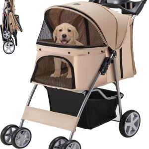 Pet Stroller, 4 Wheels Pet Strolling Cart for Medium/Small Dogs and Cats, Foldable Cat Jogger/Dog Stroller with Cup Holder, Storage Basket, Breathable Mesh, All-Season Pet Carrier, Khaki