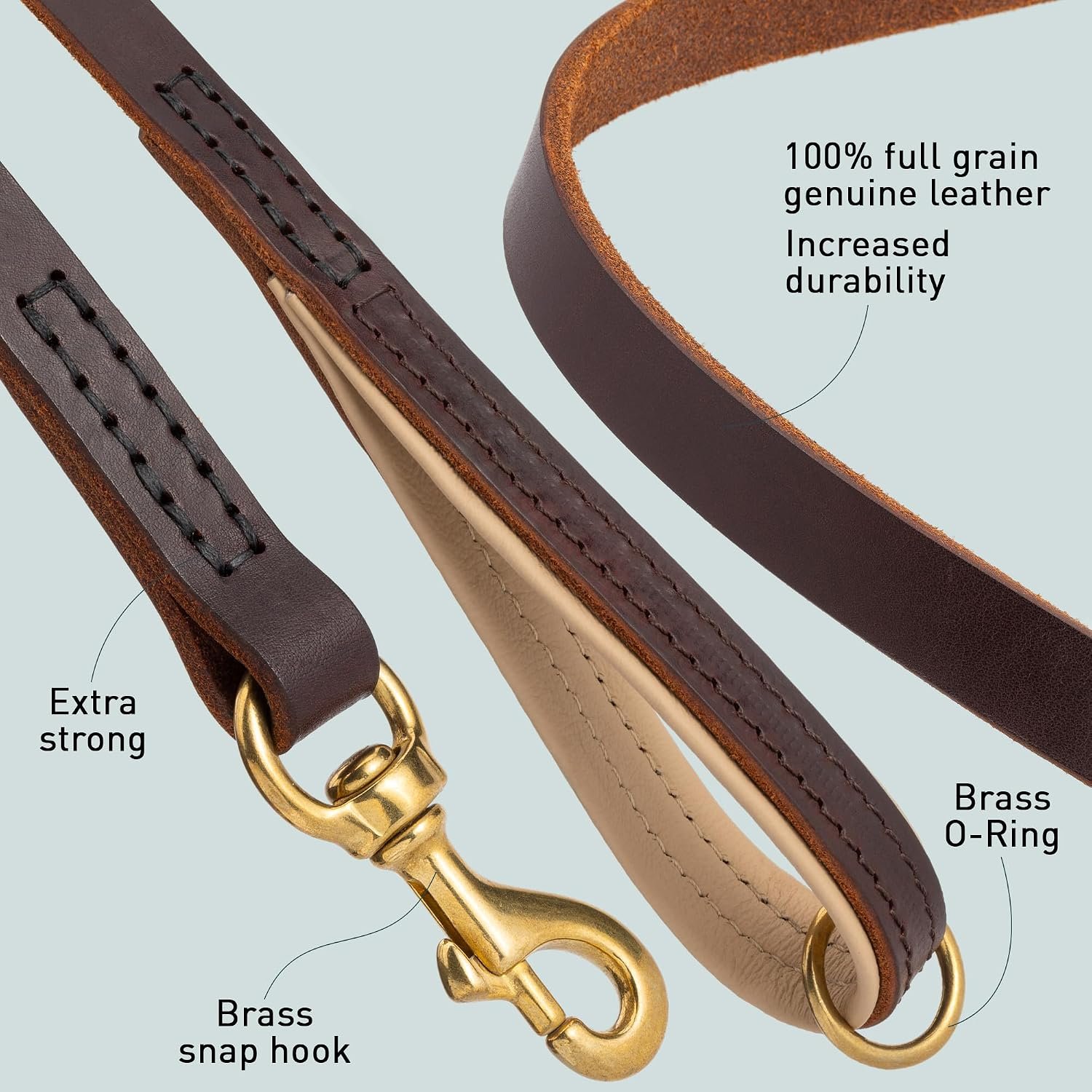 Full-Grain Leather Dog Leash (Padded Handle, Brass Snap Hook) - Image 2