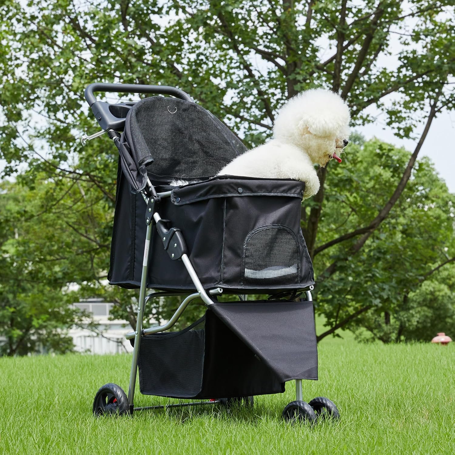 3 Wheel Pet Stroller for Dogs and Cats, Foldable, Lightweight and Durable, Ideal for Small to Medium Pets, Includes Storage Basket and Cup Holders - Image 2